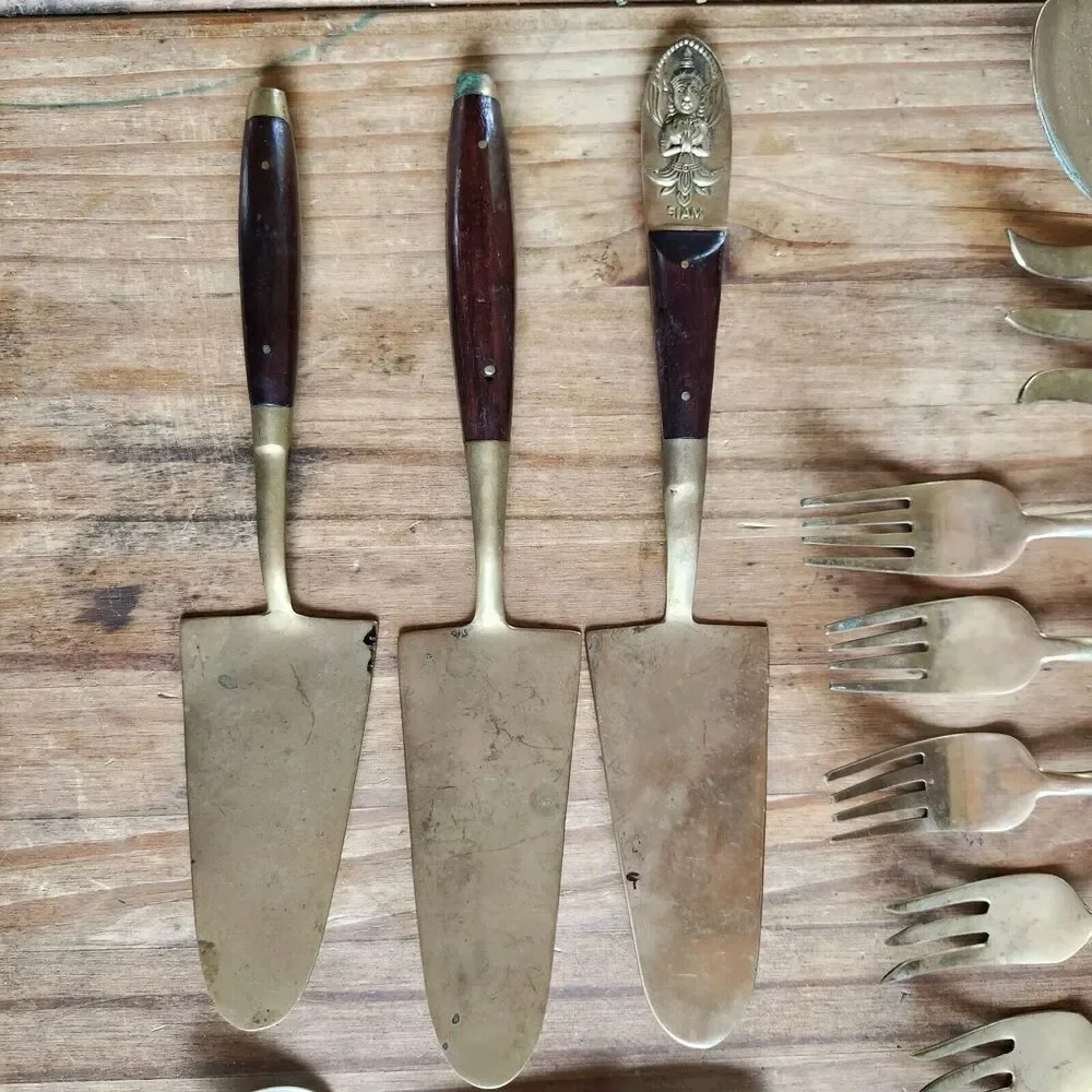 39 Pieces Beng Hwa Vintage Thai/Siam Flatware Set Teak Bronze Dessert Serving